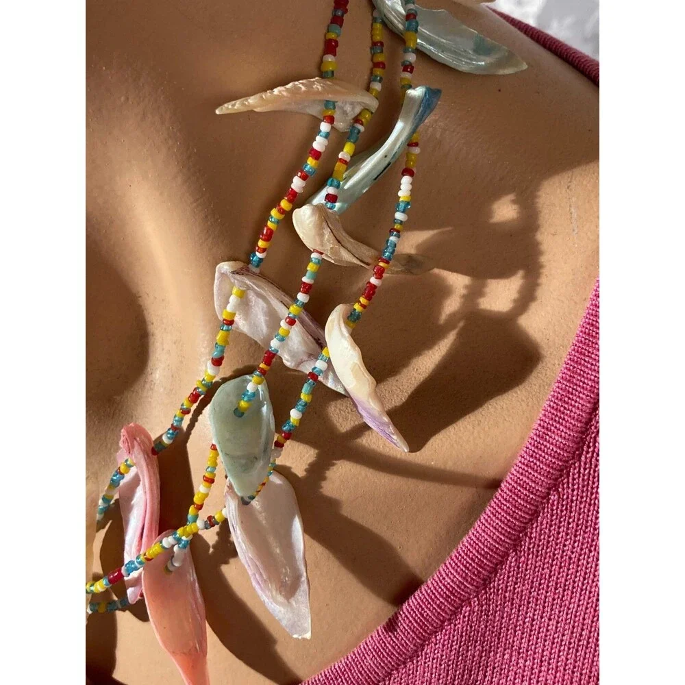 Vintage 80s Shell Necklace 1980s Three Strand Pastel Petal Boho Hippie Layered
